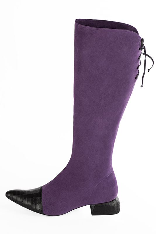 Satin black and amethyst purple women's knee-high boots, with laces at the back. Tapered toe. Low flare heels. Made to measure. Profile view - Florence KOOIJMAN